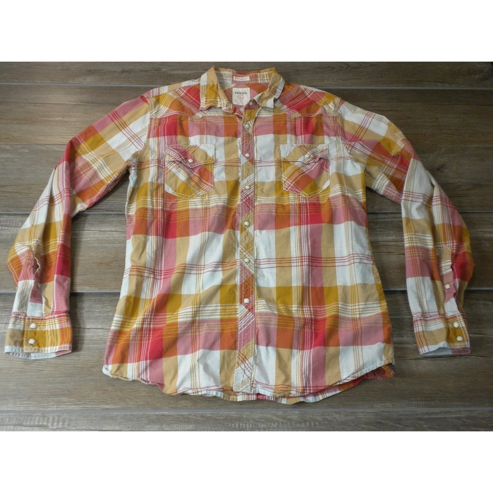 Fossil Shirt Mens XL Red Yellow Plaid Pearl Snap Vintage Fit‎ 54 Series Western